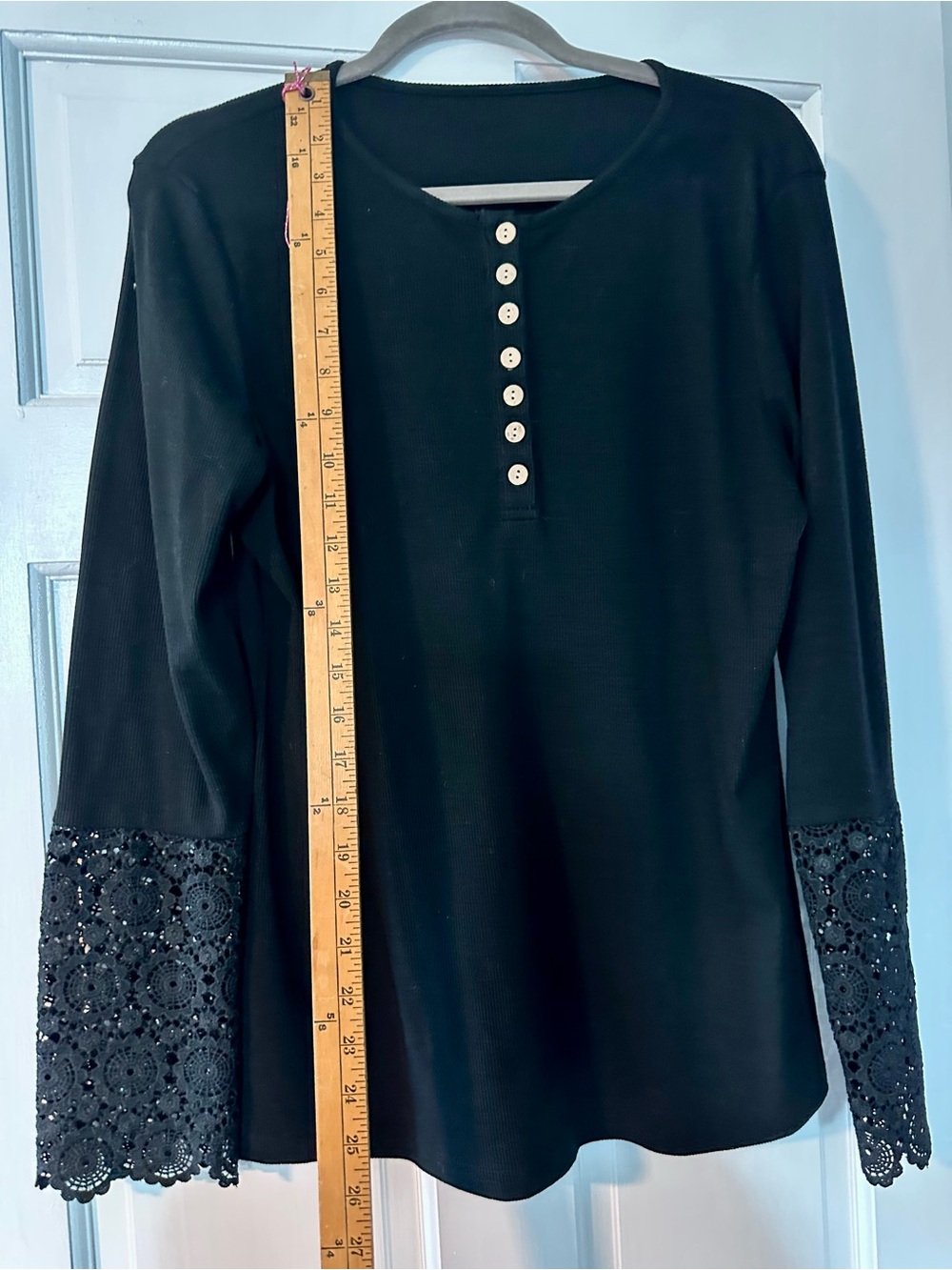 Women’s Black Henley Top with Lace Bell Sleeves